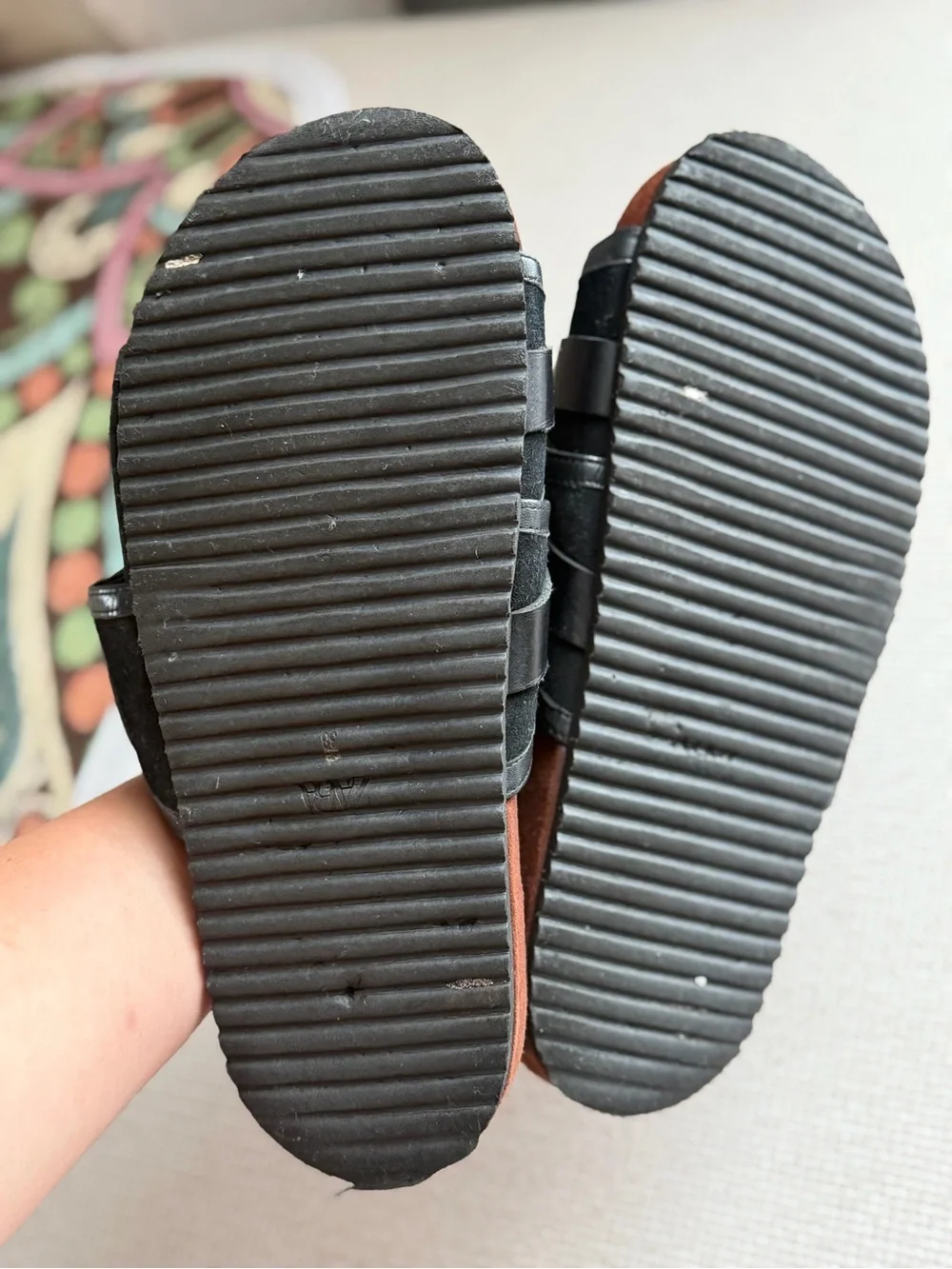 Zara SPLS Black Leather Slide Sandals with Brown Footbed